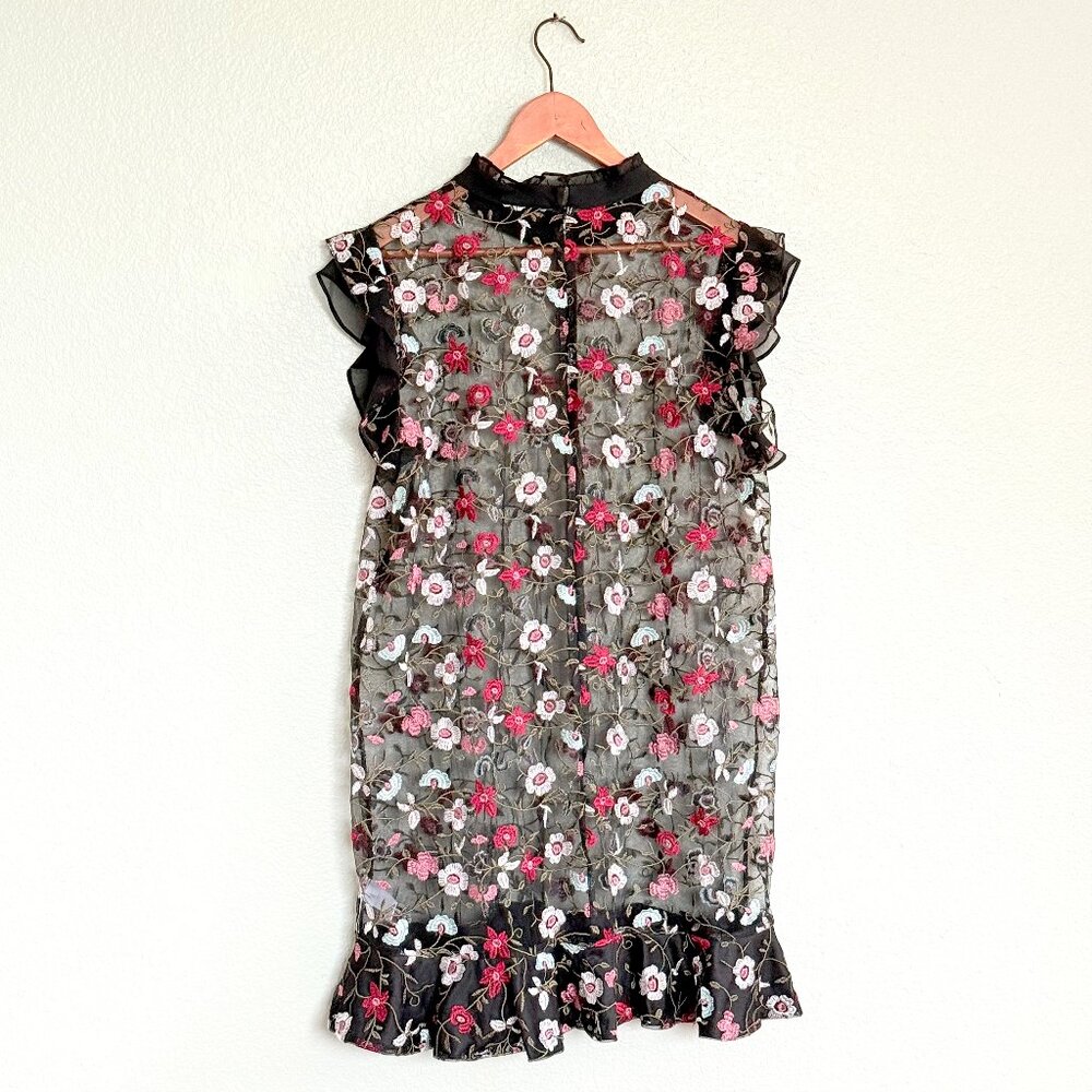 CeCe Sheer Embroidered Floral Mini Ruffle Dress Size L-XL - Picture 4 of 17